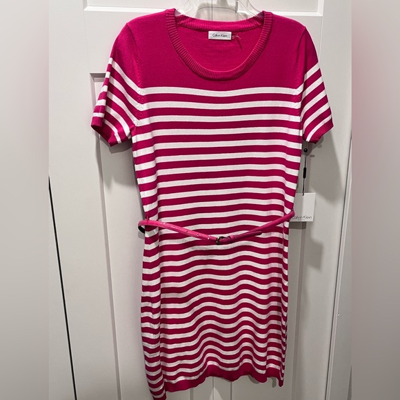 CALVIN KLEIN AUTHENTIC ELECTRIC PINK/WHITE STRIPE KNIT DESIGN SWEATER DRESS - Picture 13 of 13
